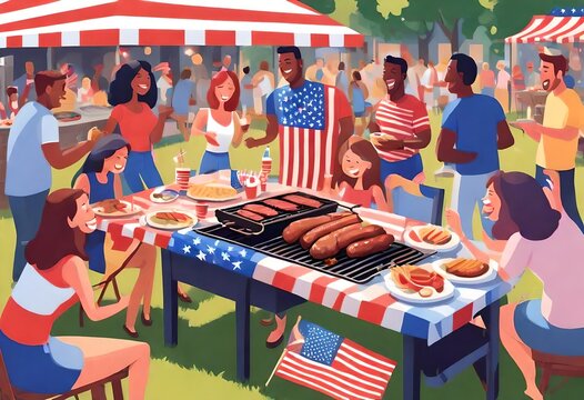  depicting a vibrant 4th of July barbecue scene, where a group of friends or family gathers to enjoy food and each other's company.