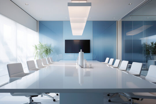 A sleek, minimalist meeting space in shades of serene blue, featuring a pristine white frame on the wall above a modern conference table.