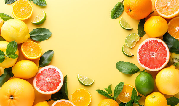 yellow summer concept top view of colorful citrus fruits orange lemon lime grapefruit and mint leaves, Generative AI