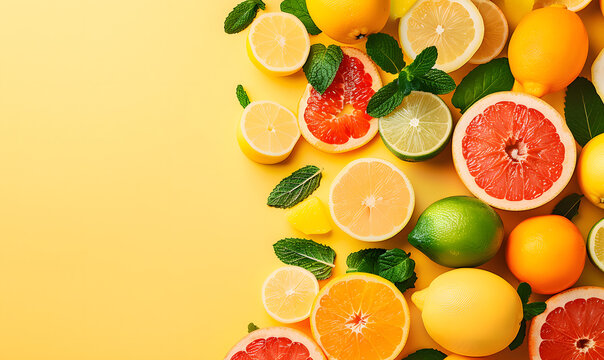 yellow summer concept top view of colorful citrus fruits orange lemon lime grapefruit and mint leaves, Generative AI