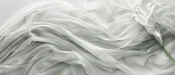  A detailed image of pure white cloth showcasing a vibrant flower center and lush green stem - obrazy, fototapety, plakaty