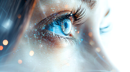 The Gaze of Innovation Human close-up photography captured in stunning 4K resolution, a girl's eye reflects a tantalizing glimpse of the future, as a world of possibilities, Generative Ai - obrazy, fototapety, plakaty