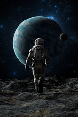 Astronaut strides forward on rugged terrain, massive blue planet and its moon looming in starry space. Cosmonaut walk. 3d render