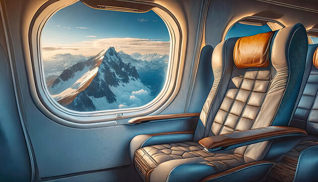 Luxury leather plane or passenger seat and mountain view from above the window of an airplane.
