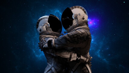 Two astronauts couple in space suits embracing against a backdrop of distant stars and the cosmic expanse. Love huge, man and woman. 3d render