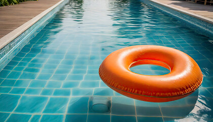 Fototapeta na wymiar Orange colored inflatable swimming float or ring on the swimming pool.