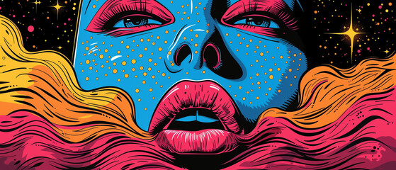 Face of a scary face, Comics illustration, retro and 90s style, pop art pattern, abstract crazy and...