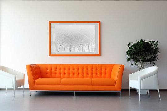 A sleek meeting room with a neutral palette, a striking orange couch, and a conspicuous empty white frame waiting for inspiration.