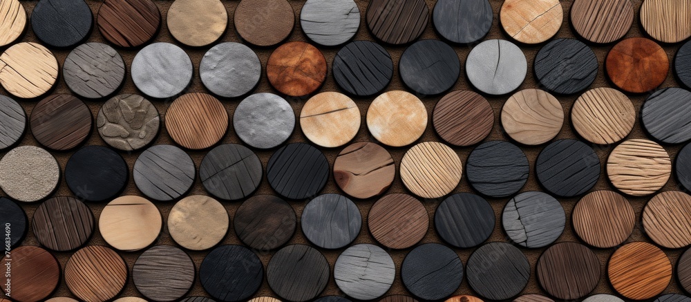 Poster close-up shot of a diverse wood wall displaying various colors and textures, creating a unique visua
