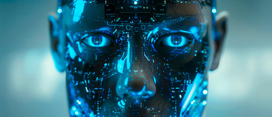 A blue face with a blue eye and a blue nose, electronic components. Concept of technology