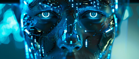 A man's face is shown in a blue light, with a metallic look, futuristic and technological