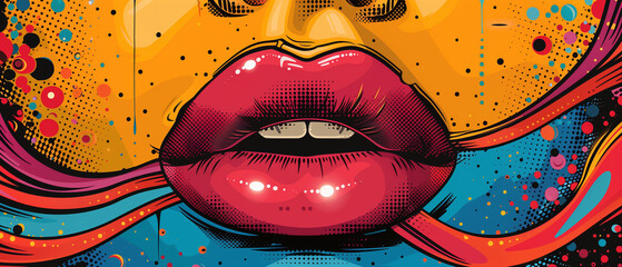 Model photo of lips woman model Comics illustration, retro and 90s style, pop art pattern, abstract crazy and psychedelic background, Ai generated image 