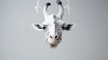 Schilderijen op glas Giraffe face head hanging upside down white  © Shahzaib