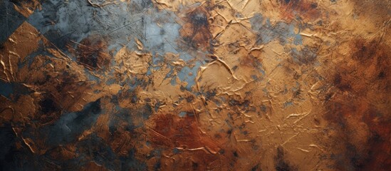 An artistic close-up depiction displaying a rusted metal surface under a serene blue sky in a unique and captivating composition