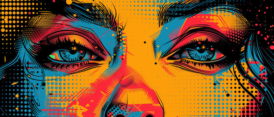 abstract face art woman model Comics illustration, retro and 90s style, pop art pattern, abstract...