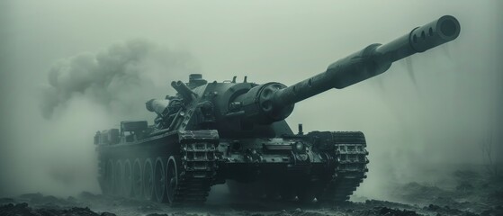  Black & white photo of a tank with smoke emanating from the top & bottom - obrazy, fototapety, plakaty