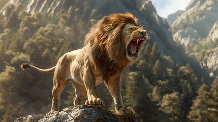 courageous lion standing on forest mountain peak, roaring in the wilderness