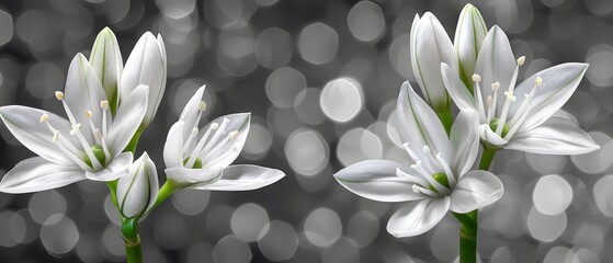   Three stunning white blooms with lush green stems stand against a backdrop of dreamy black and white bokeh Soft, blurry highlights in the background add a touch of - obrazy, fototapety, plakaty