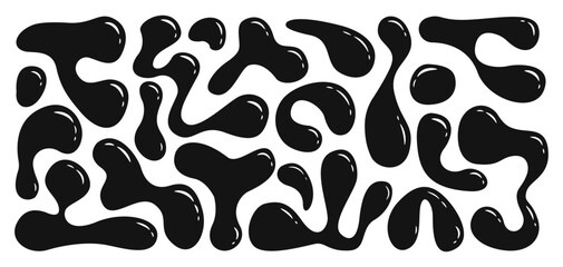 Wavy elements bubbles and drops in trendy y2k style in black and white colors. Liquid abstract organic blob shapes. Vector illustrations isolated on white background