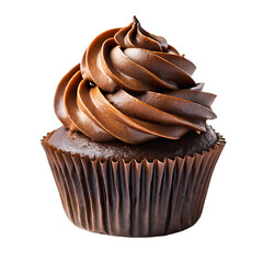 cupcake with chocolate icing and melted chocolate on transparent background