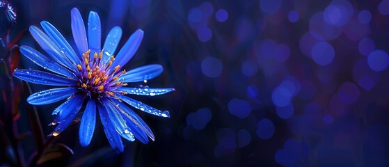Obraz premium Blue Flower Close-up with Water Drops and Blurry Background