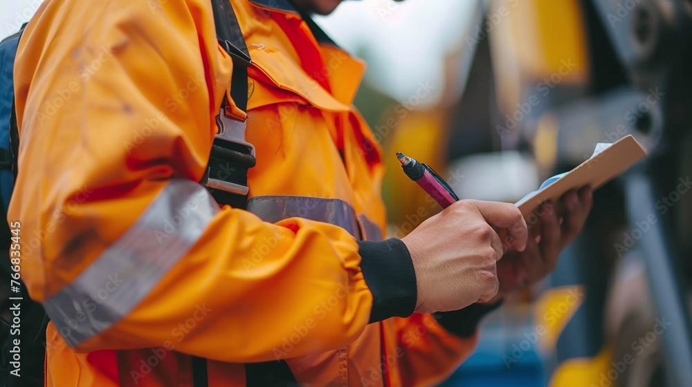 Poster closeup of an engineer leading a construction site, giving instruction to workers and managing the p