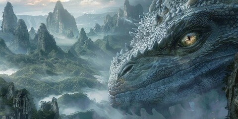 closeup of a dragon eye flying over mountains in china showcasing majestic and mythical creature in natural beauty