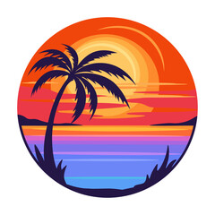 Fototapeta na wymiar Tropical holiday badge design with palm tree and sunset over the sea, isolated on white background, vector illustration, decorative element, emblem, sticker, poster.