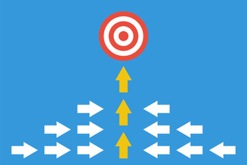 Many white arrows combine into yellow. Teamwork to achieve a common goal. Team cooperation or leadership concept. Alternative business strategy.