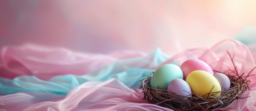 Brightly colored Easter eggs resting in a nest on a soft pastel background with empty space.