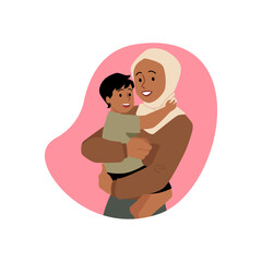 Muslim mother holding a baby son in hands, happy woman in hijab carrying little boy, vector Islamic parent love in frame