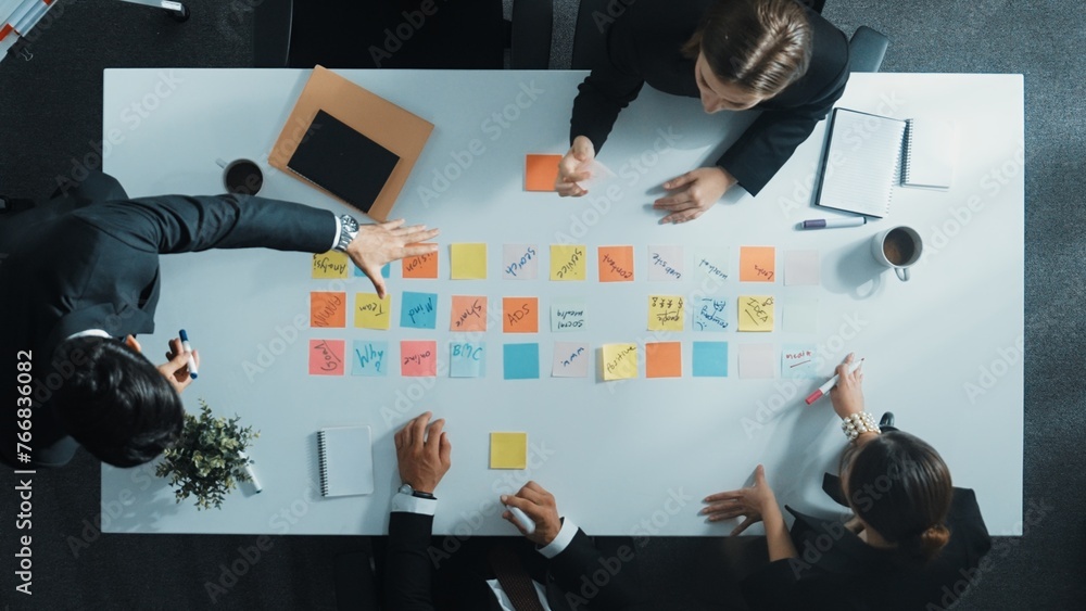 Poster top down aerial view of manager discuss and choose marketing idea from sticky notes. group of busine