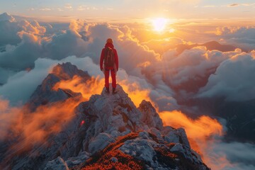 A man stands on a high mountain observing the clouds in the sky during a beautiful sunset, surrounded by stunning natural landscapes and geological formations - obrazy, fototapety, plakaty
