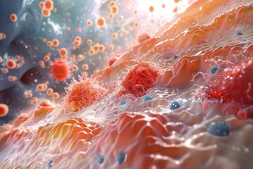 The detailed process of Vitamin A contributing to skin health and cell growth, presented in a 3D illustration highlighting epithelial cell interaction , 3D Render