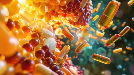 3D illustration of watersoluble vitamins dissolving and being absorbed in the human digestive tract, highlighting their immediate availability , 3D Render - obrazy, fototapety, plakaty