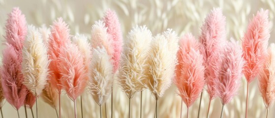   A stunning close-up image of a vibrant array of pink and white flowers adorned with elongated stems against a gentle backdrop of light coloring