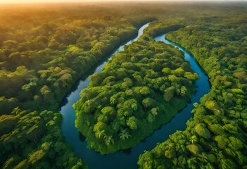  landscape of the lush green Amazon forest unfolds beneath the vibrant hues of a sunset or sunrise.