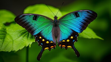 A butterfly with blue wings is sitting on a green leaf