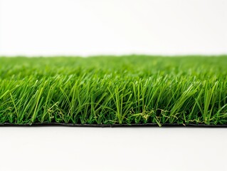 Side view of vibrant artificial grass against a white background symbolizing green living concepts.