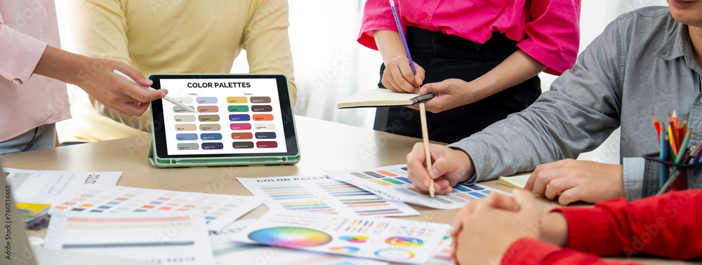 Poster a portrait of creativity graphic designer team select appropriate color for the project by using lap