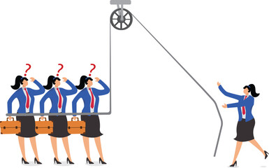 Disengagement from the organization or team, dissatisfaction with the team or organization, the businesswoman throws away the rope that connects the team members and leaves on his own