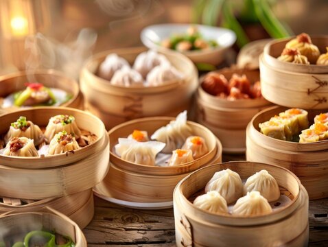 Here is the image depicting a bustling market scene with a variety of dishes, including Chinese dim sum and a Thai dessert, each in a bowl, along with an assortment of other foods It's designed to rep
