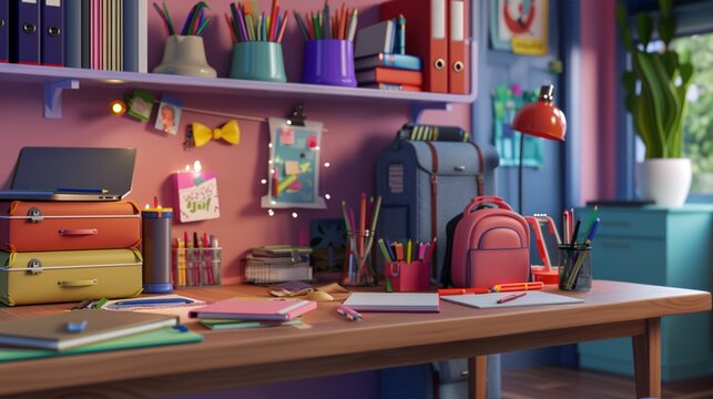 interior of a room with a table bags and books