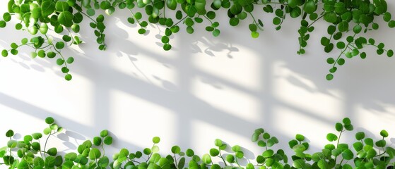   Green plants hanging from white walls with a casting shadow - obrazy, fototapety, plakaty