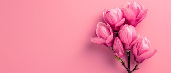 Fototapeta premium Pink bouquet on pink backdrop with green stem