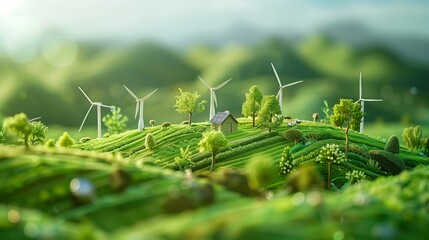 Environmental Conservation: Graphic design featuring green landscapes and renewable energy sources, symbolizing the growth and progress of environmental conservation efforts.