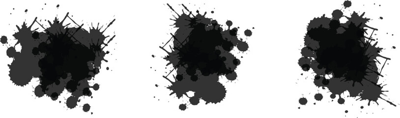 Set of different isolated black color splashes, drops and circles