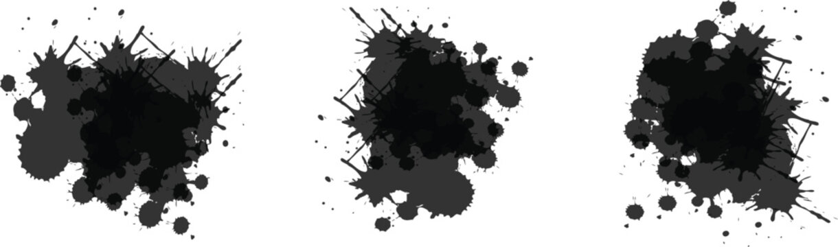 Set of different isolated black color splashes, drops and circles