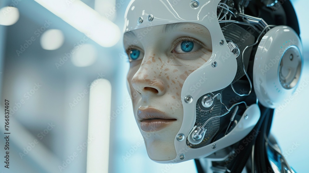 Poster humanoid ai robot showcasing complex skills and movements with detailed closeup of human brain and b