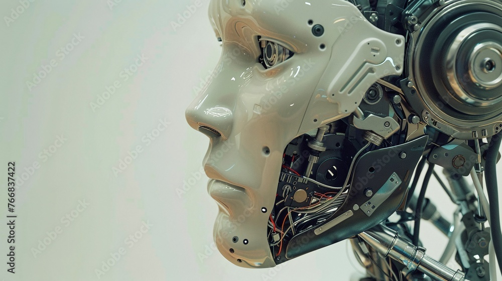 Poster closeup of an artificial intelligence robot showing detailed movements and capabilities inspired by 